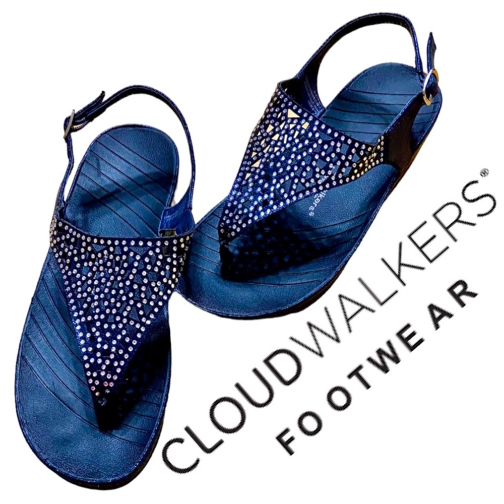 Jill CLOUDWALKERS byAvenue DarkBlueSandals W/Rhinestones BuckleStrap Sz 8W